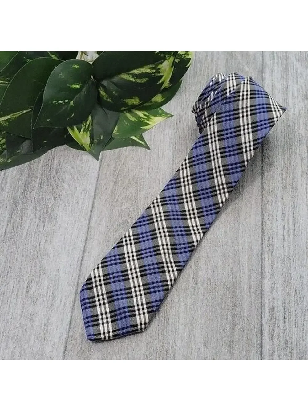 Ben Sherman Black, Blue & White Plaid 100% Silk Slim Necktie